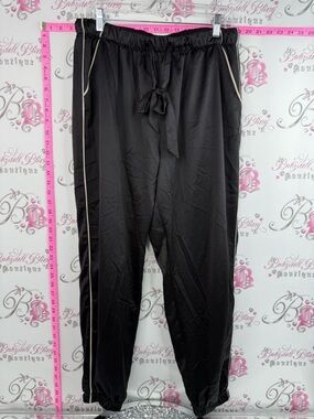 Ashley Graham pants shiny Black Elastic Waist Jogger Pants with Contrast Trim